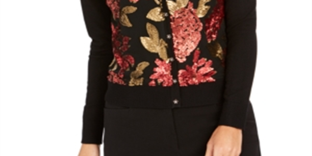 Charter Club Women's Sequin Embroidered Cardigan Black Multi Floral Size Petite S