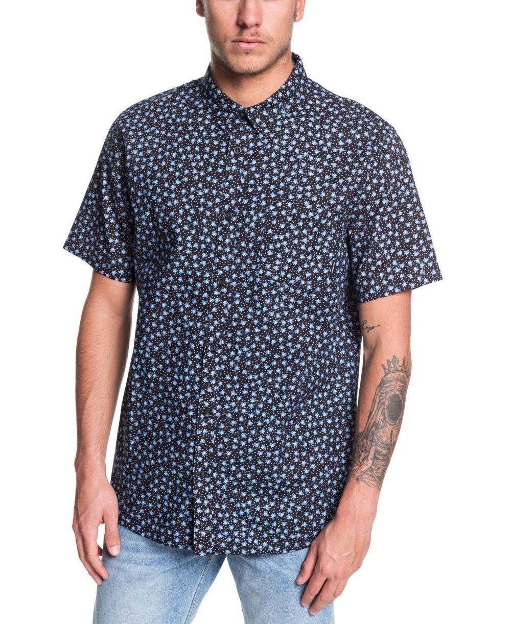 Quiksilver Men's Fry Floral Print Collared Button Down Shirt Black Size Medium