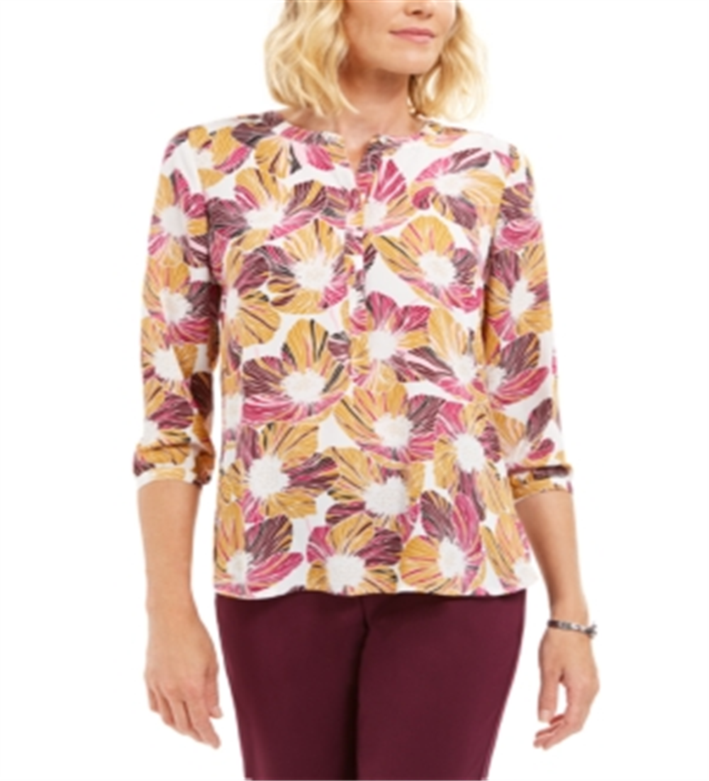 JM Collection Women's Printed Pleated Back Top Purple Size Petite L