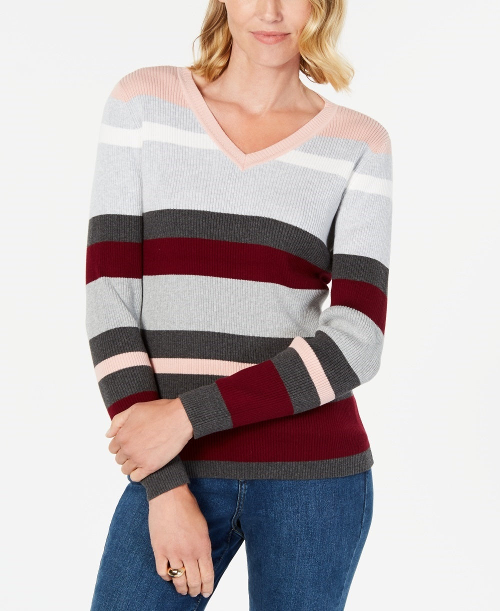 Karen Scott Women's Ribbed V Neck Cotton Sweater  Red Size Large