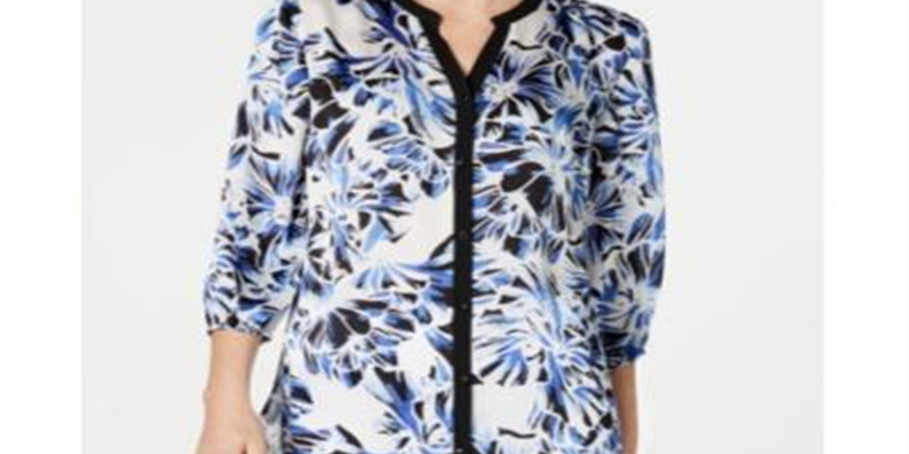 JM Collection Women's Printed & Solid Blouse Blue Size Petite L