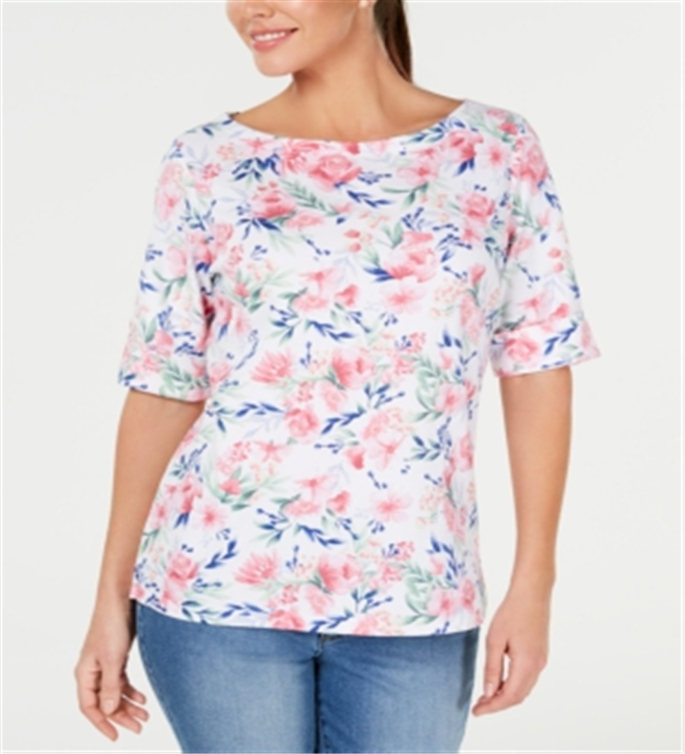 Karen Scott Women's Printed Boat Neck Top White Floral Size Petite S/M