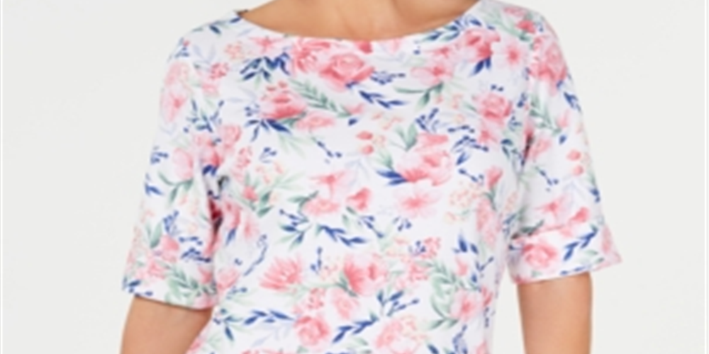 Karen Scott Women's Printed Boat Neck Top White Floral Size Petite S/M