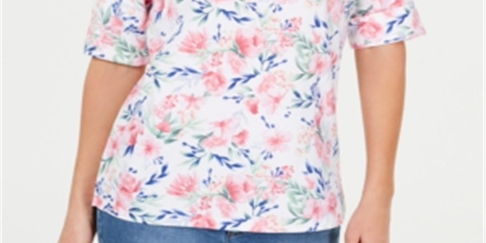 Karen Scott Women's Printed Boat Neck Top White Floral Size Petite S/M