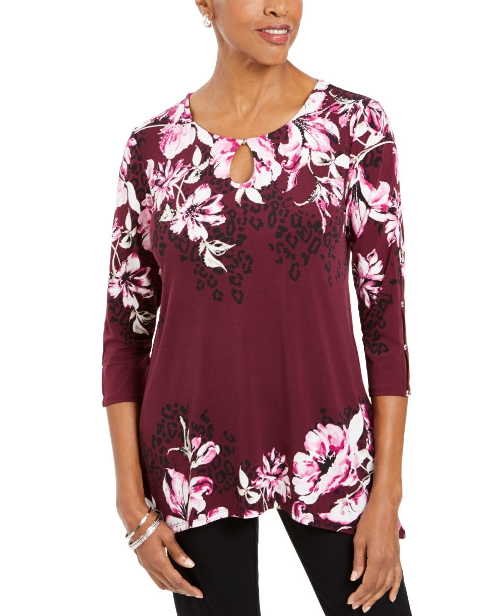 JM Collection Women's Floral Print Embellished Top  Purple Size X-Small