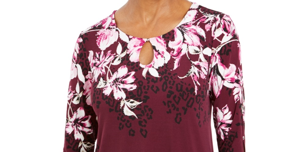 JM Collection Women's Floral Print Embellished Top  Purple Size X-Small