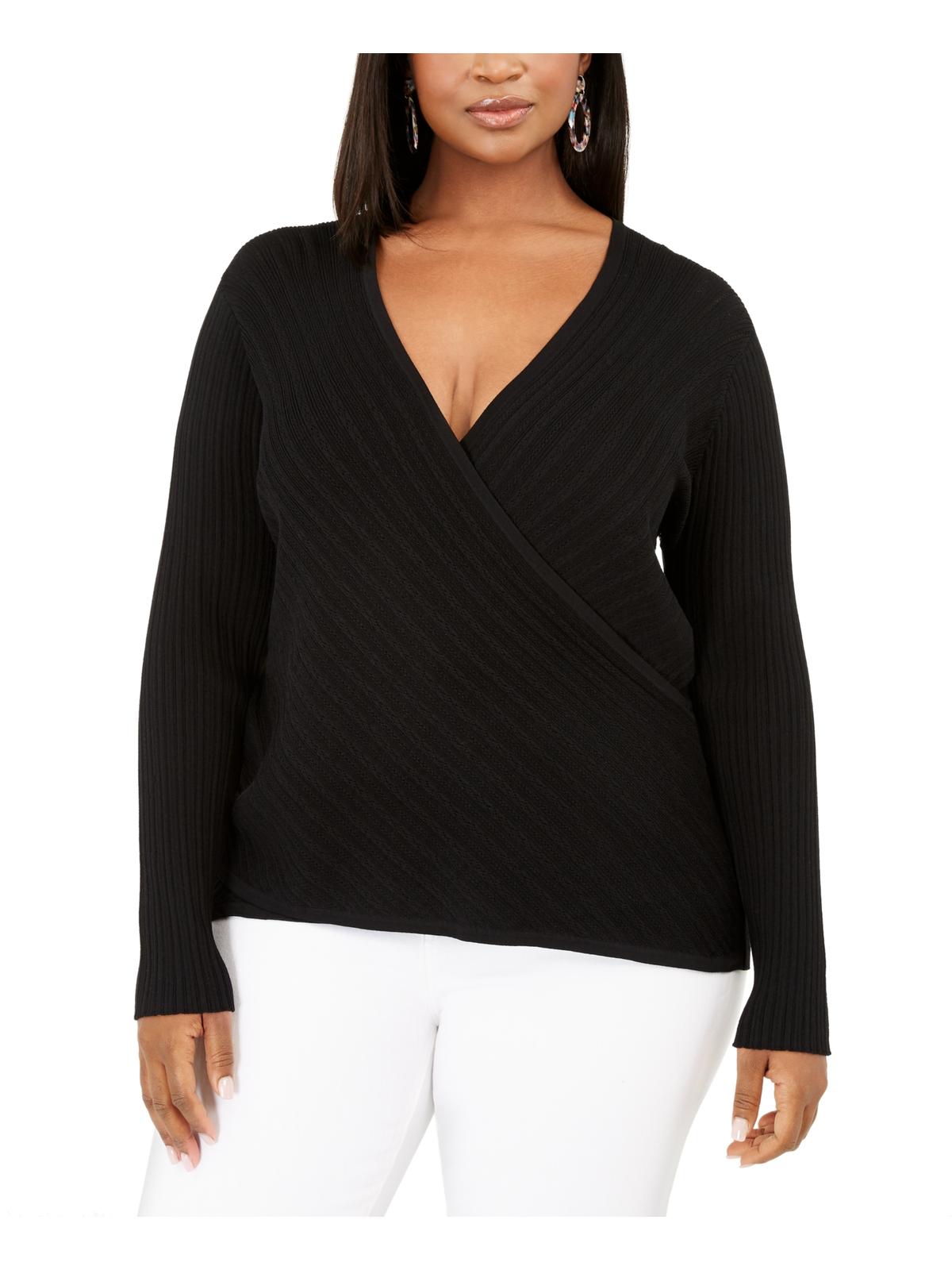 INC International Concepts Women's Plus Pointelle Surplice Black Size 0X