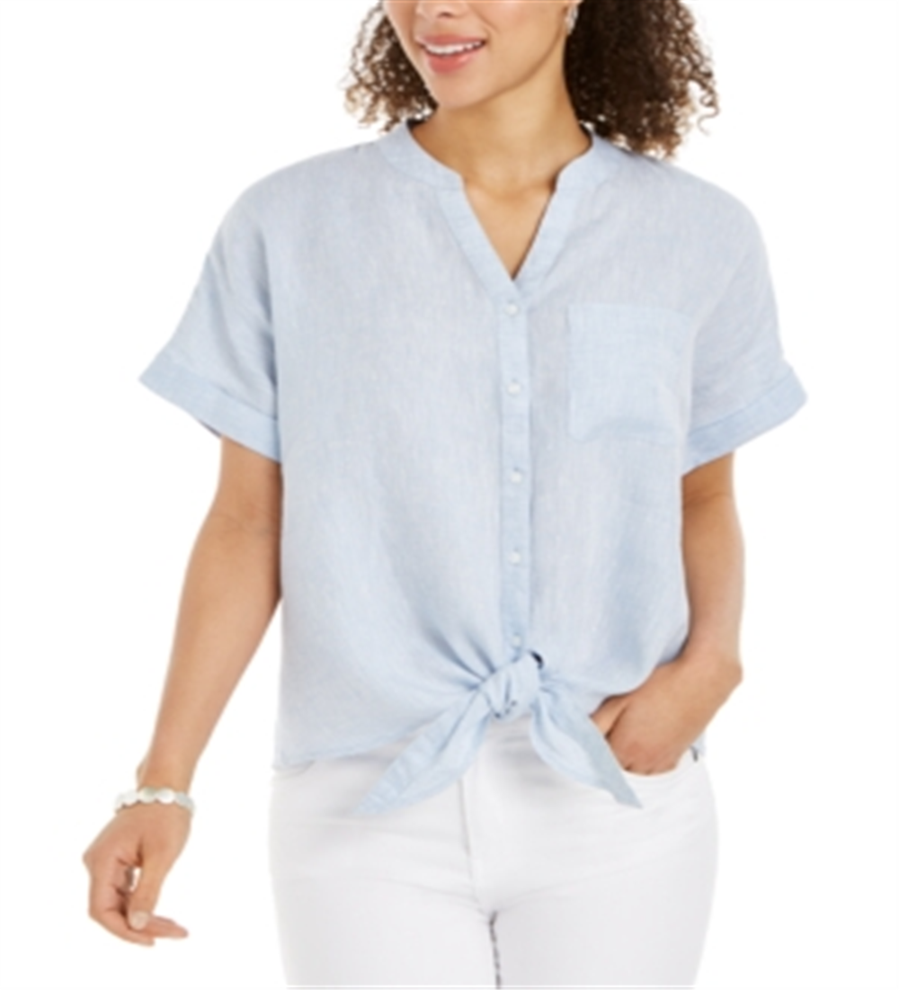 Charter Club Women's Linen Tie Front Button up Shirt Blue Size XX-Large