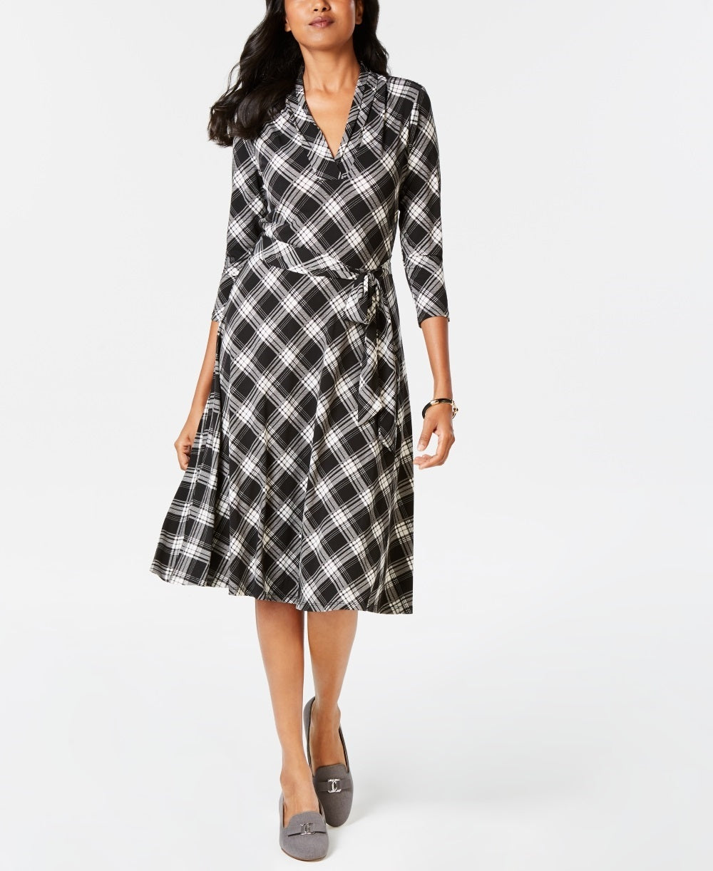 Charter Club Women's Plaid V Neck Dress Black Size Large