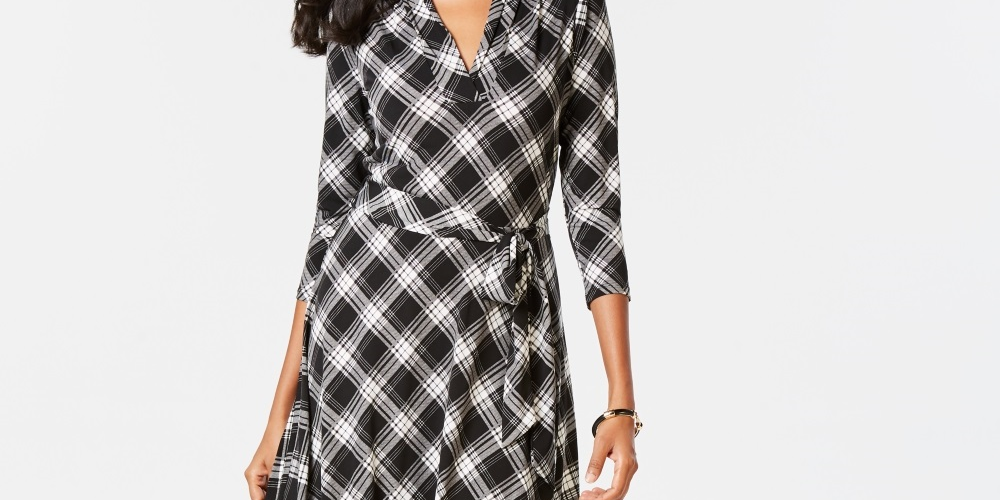 Charter Club Women's Plaid V Neck Dress Black Size Large