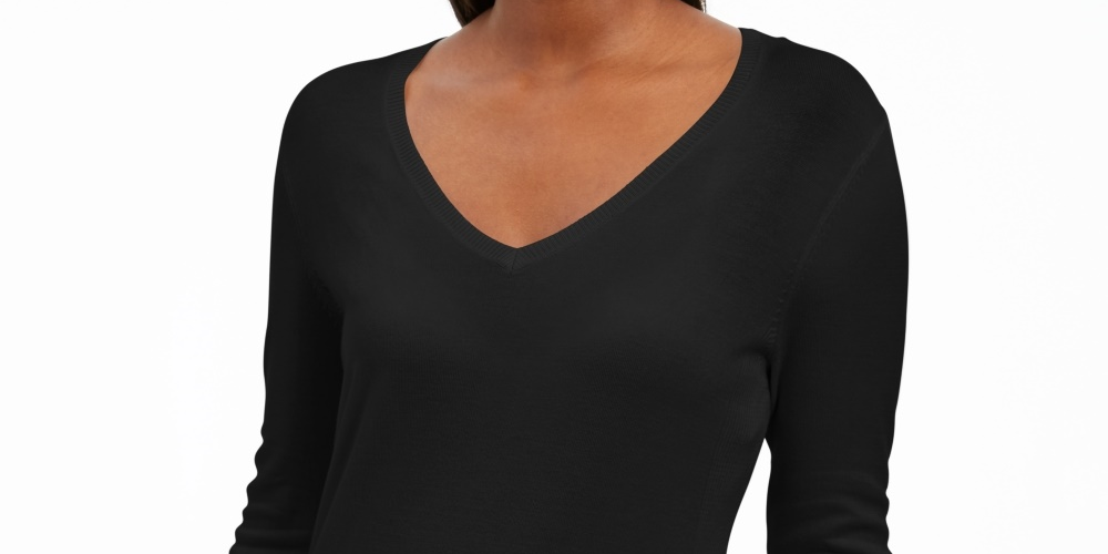JM Collection Women's Button-Cuff V-Neck Pullover Sweater Black Size X-Small
