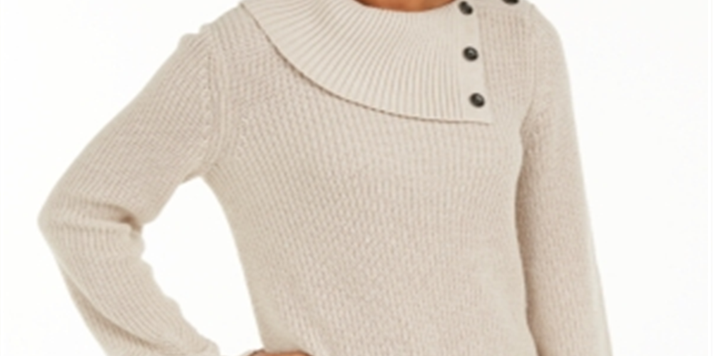 Style & Co Women's Envelope Neck Scalloped Edge Sweater Beige Size Petite S
