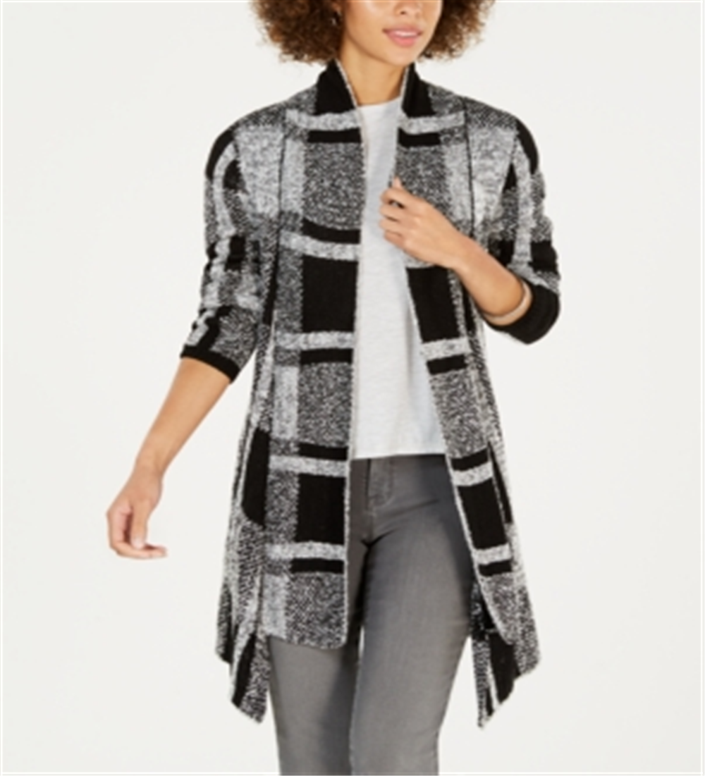 Style & Co Women's Plaid Boucle Cardigan Black Size Petite L