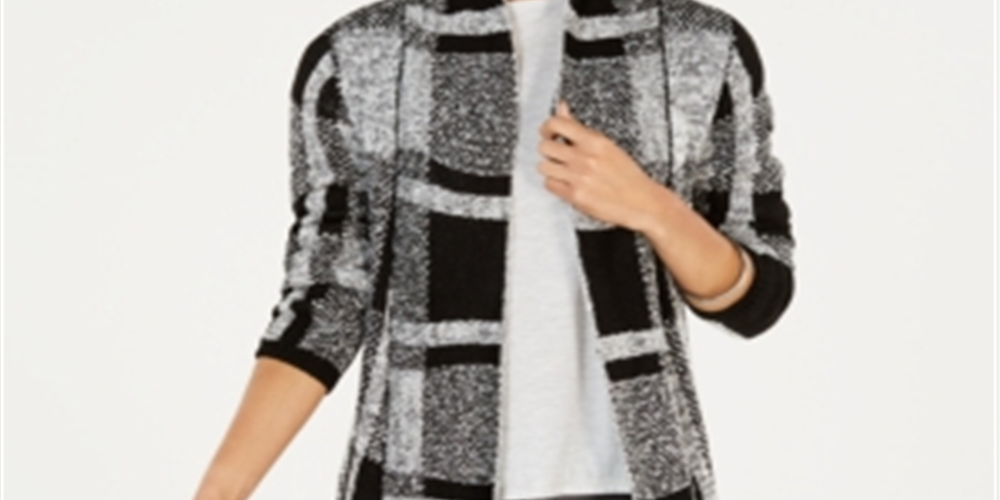 Style & Co Women's Plaid Boucle Cardigan Black Size Petite L