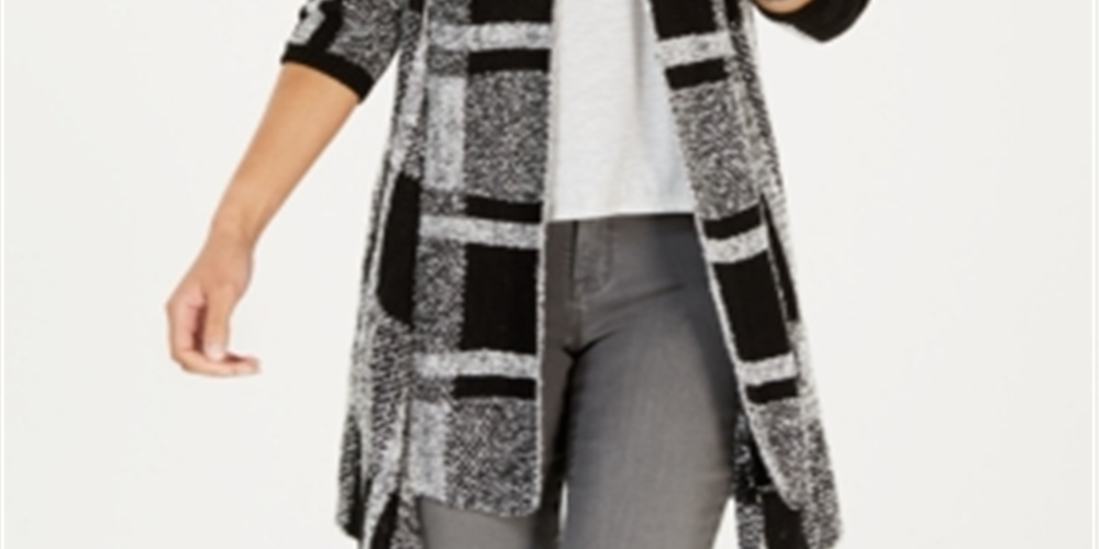 Style & Co Women's Plaid Boucle Cardigan Black Size Petite L