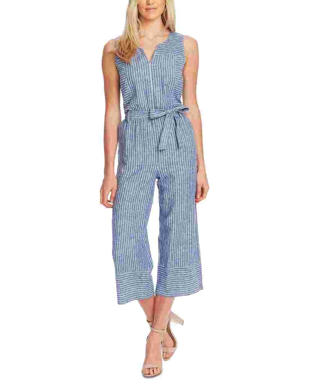 Vince Camuto Women's Ticking Stripe Belted Jumpsuit Blue Size Small