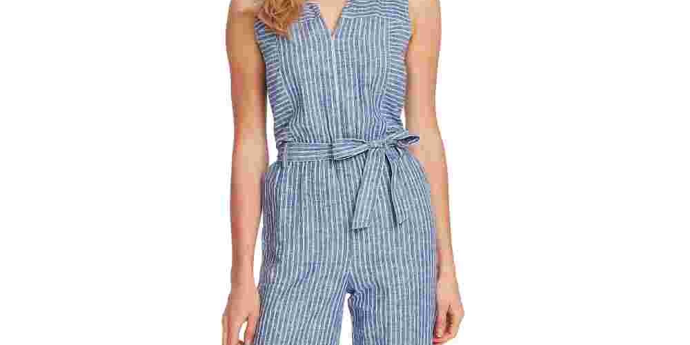 Vince Camuto Women's Ticking Stripe Belted Jumpsuit Blue Size Small