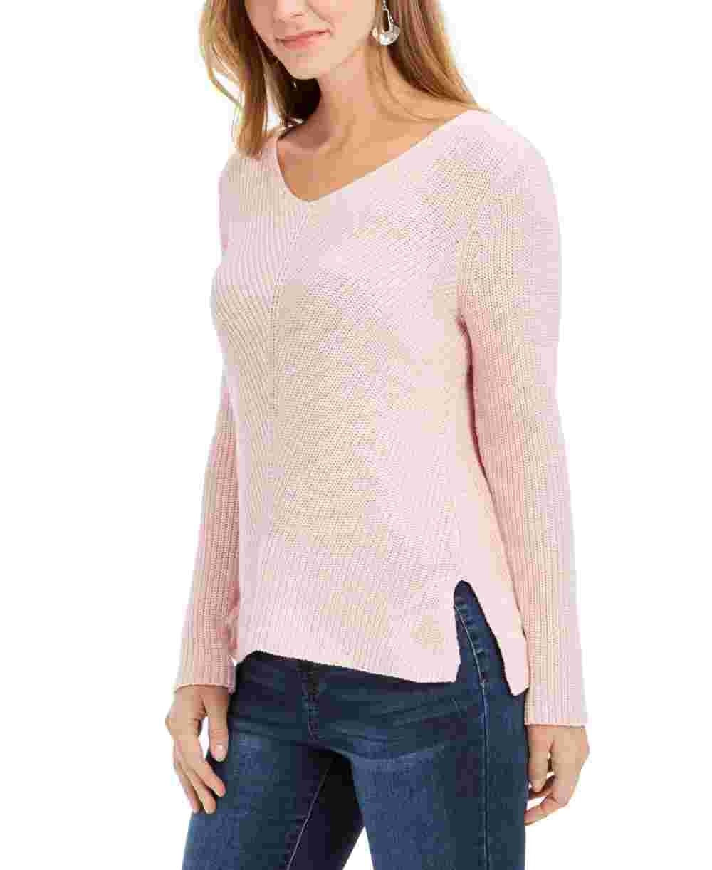 Style & Co Women's Ribbed V-Neck Cotton Sweater Pink Size X-Small