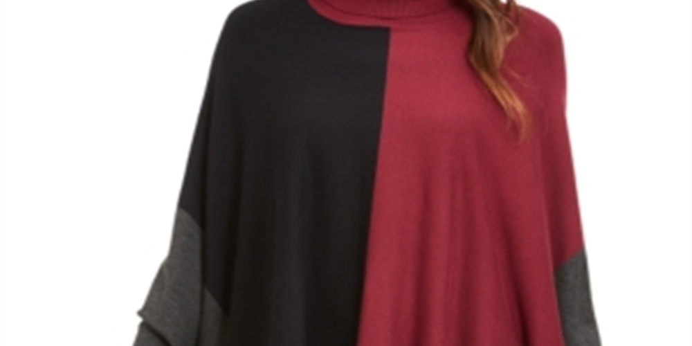 Alfani Women's Turtleneck Colorblock Poncho Sweater Red Size Petite Large