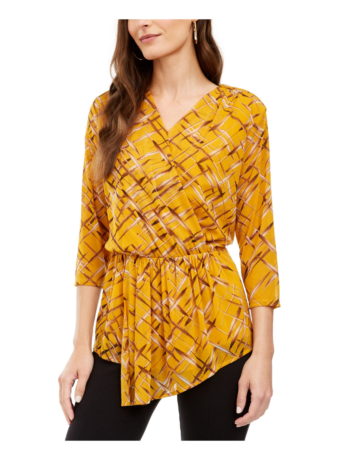 Alfani Women's 3/4 Sleeve Printed Tunic Yellow Size Petite S/M