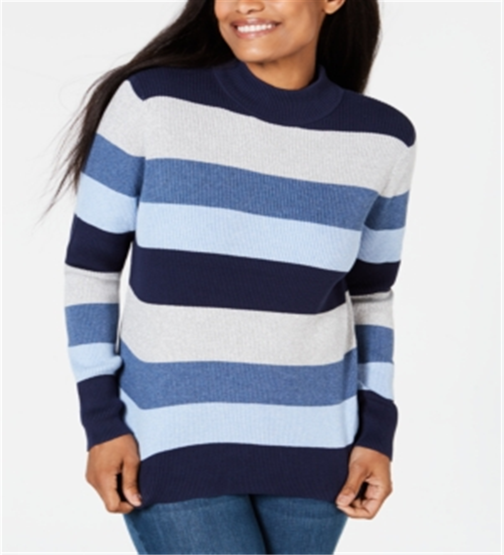 Karen Scott Women's Striped Mock Neck Cotton Sweater Blue Size Petite S/M