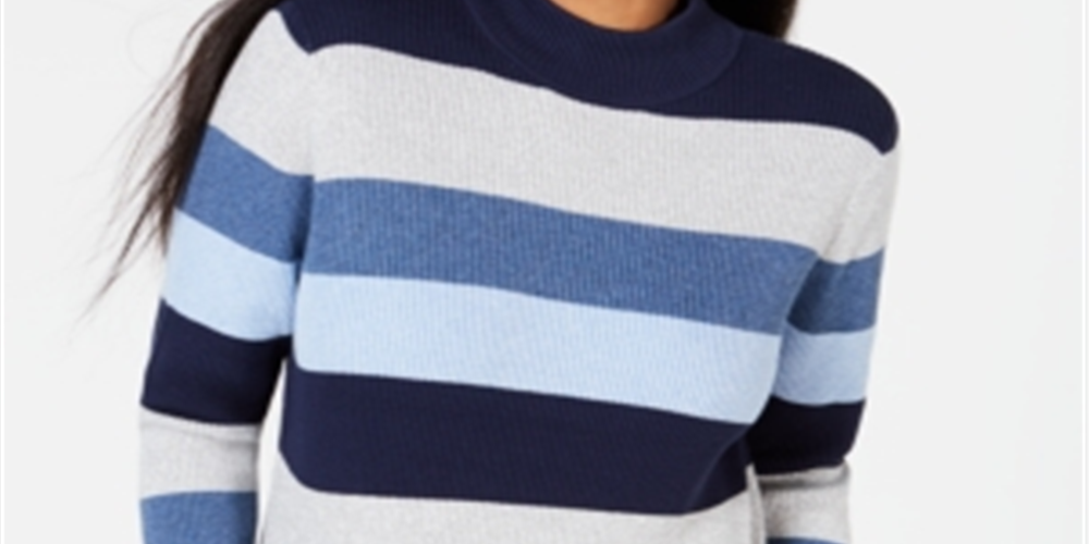 Karen Scott Women's Striped Mock Neck Cotton Sweater Blue Size Petite S/M