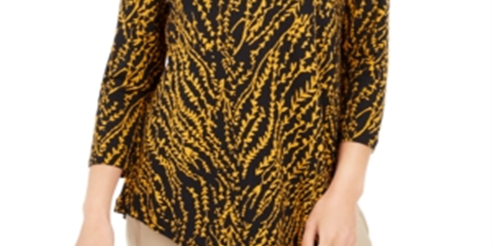 JM Collection Women's Floral Print Top Black-Gold Size Petite L
