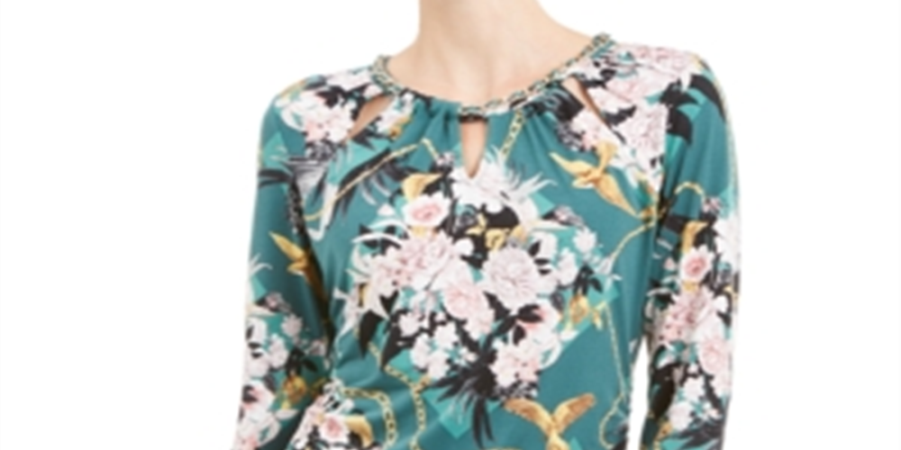 JM Collection Women's Printed Chain Neck Top Green Floral Size Petite S