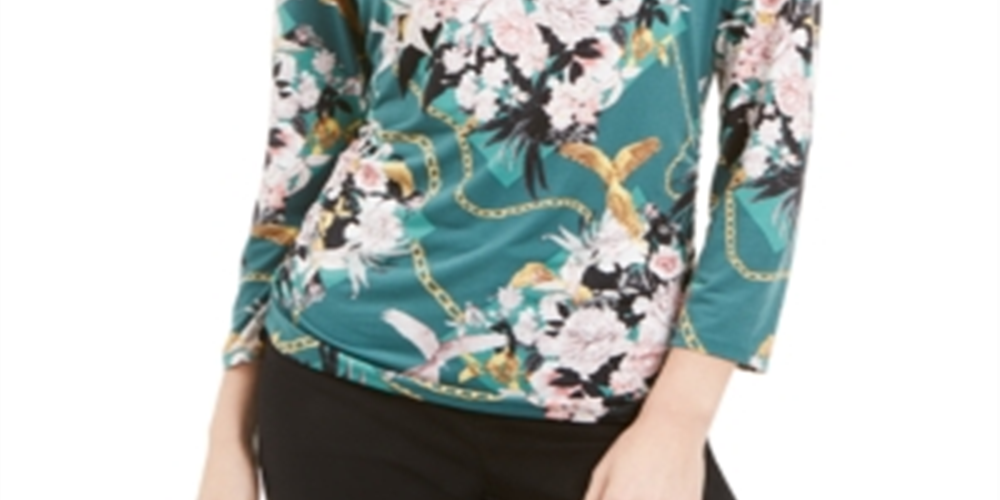 JM Collection Women's Printed Chain Neck Top Green Floral Size Petite S