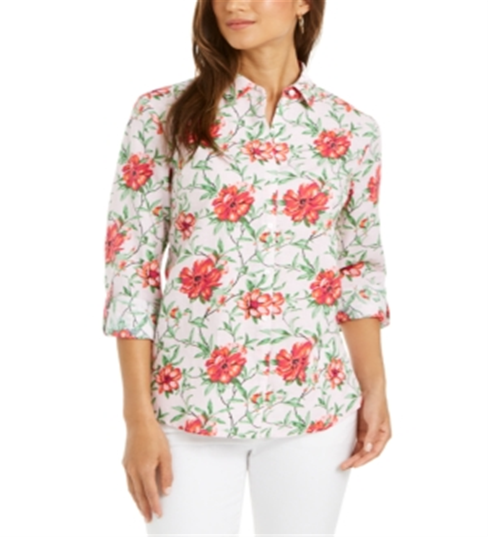 Charter Club Women's Printed Button Front Roll Tab Sleeve Top Pink Floral Size Petite S