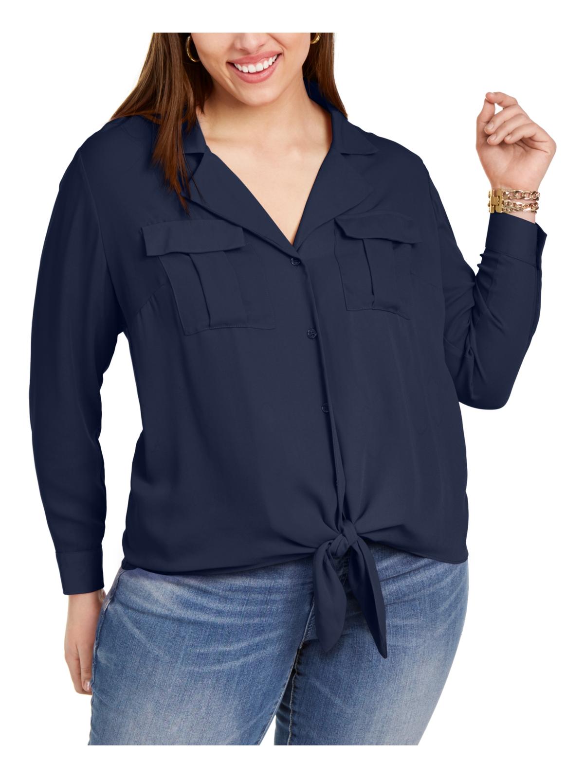 INC International Concepts Women's Plus Tie front Pocket Blouse Blue Size OX