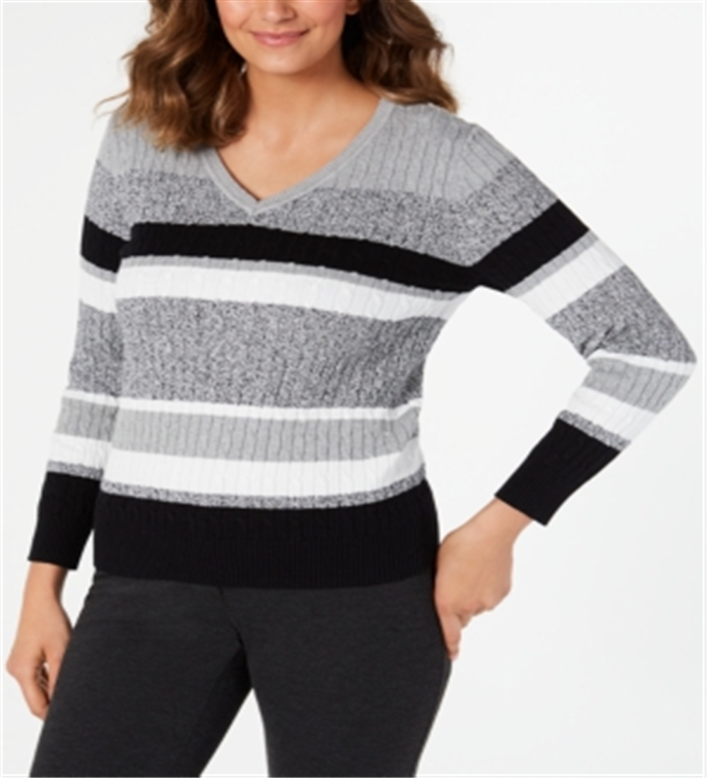 Karen Scott Women's Cotton Striped Cable Knit Sweater Black/Grey Size Petite S/M
