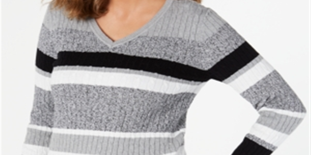 Karen Scott Women's Cotton Striped Cable Knit Sweater Black/Grey Size Petite S/M