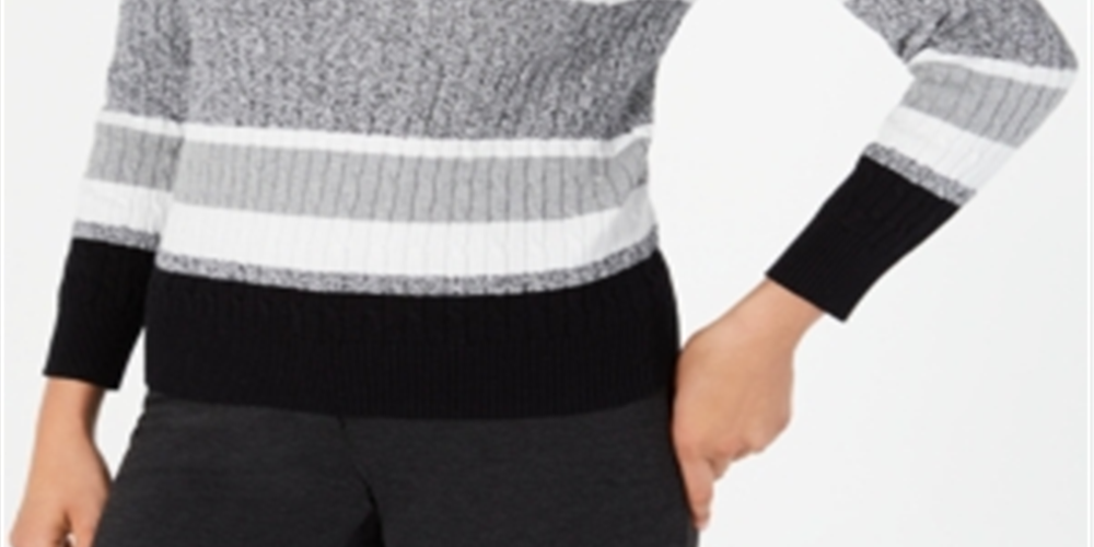 Karen Scott Women's Cotton Striped Cable Knit Sweater Black/Grey Size Petite S/M