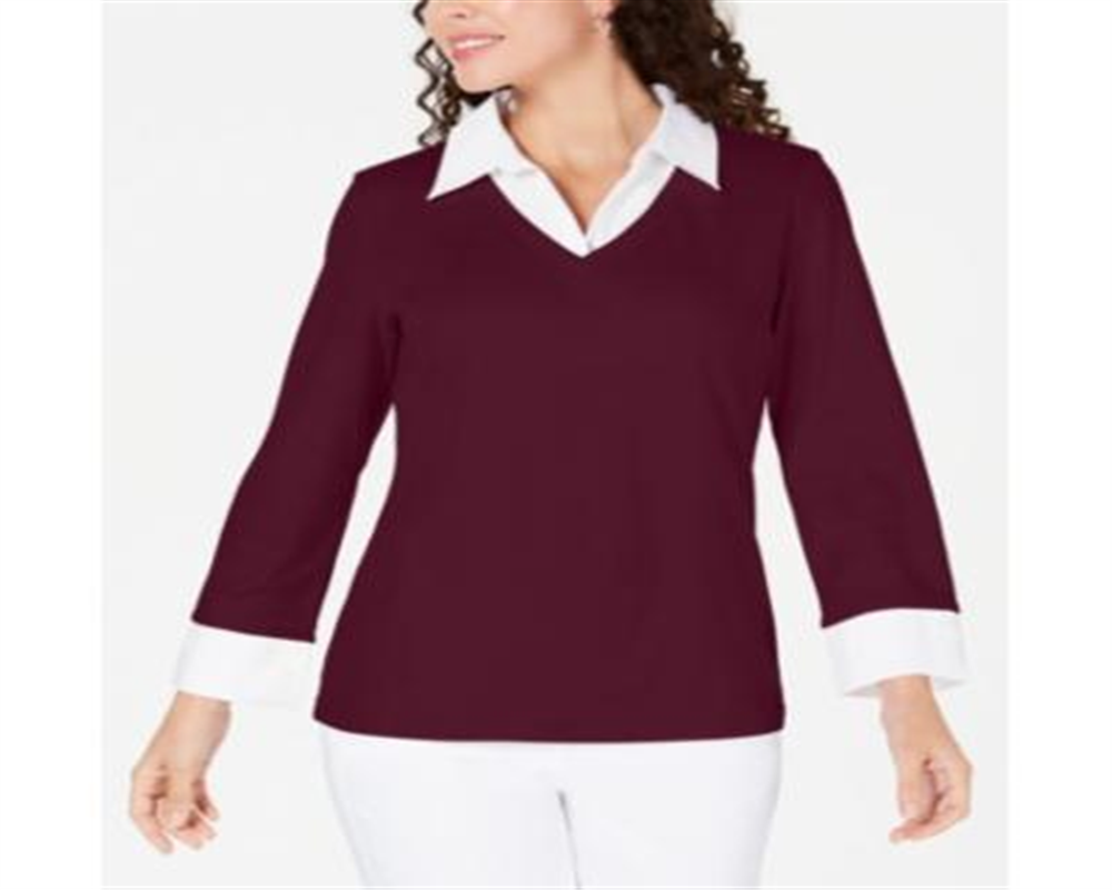 Karen Scott Women's Layered Look Cotton Top Merlot Size Petite S/M
