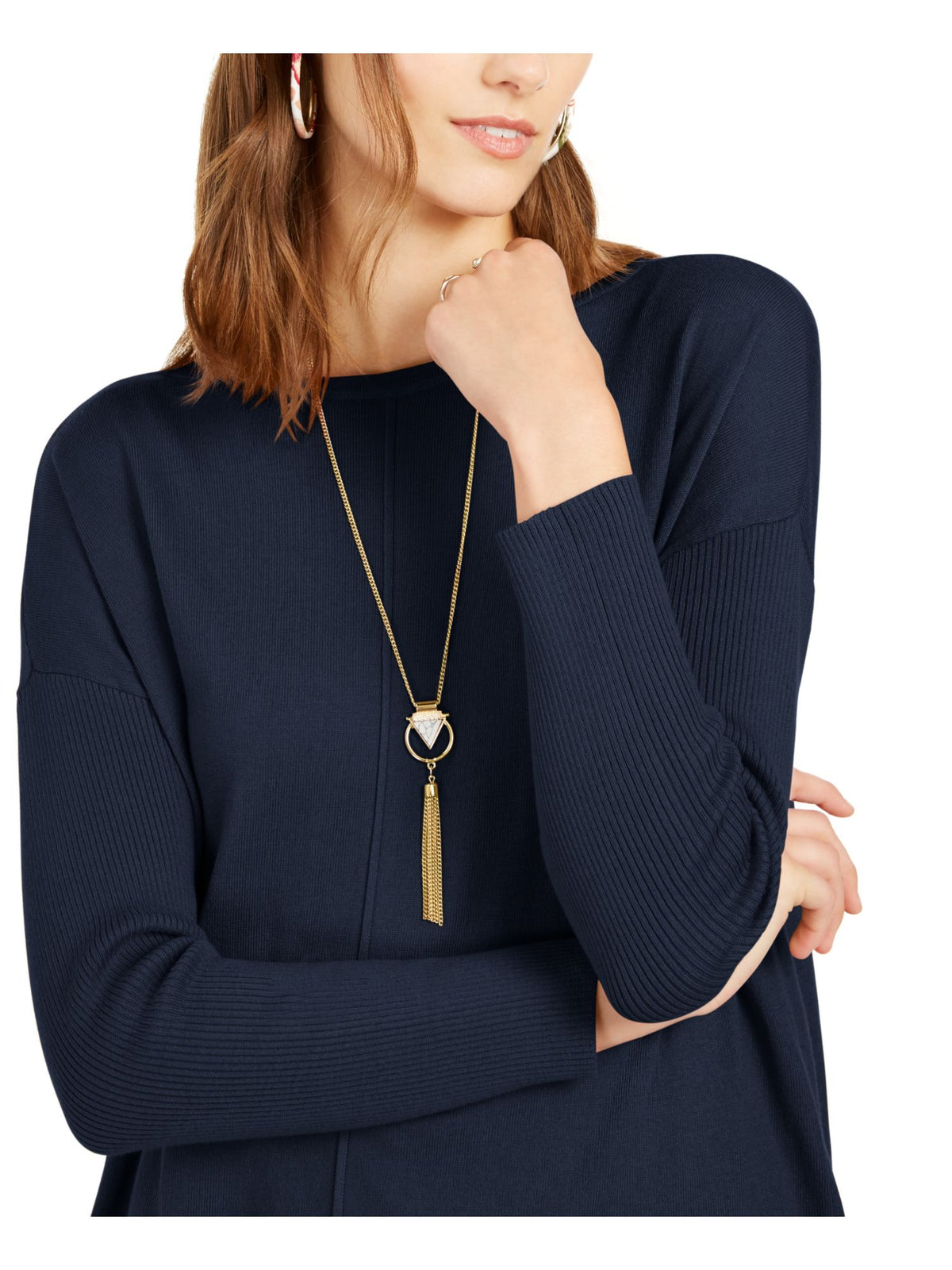Style & Co Women's Seam front Long Sleeve Boat Neck Tunic Sweater Blue Size Petite X-Large
