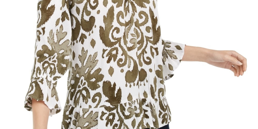 INC International Concepts Women's Ladder Stitch Printed Peasant Top Bright Brown Size Small