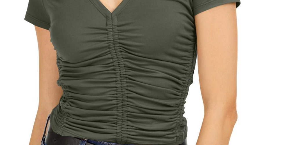 Bar III Women's Ruched Knit T-Shirt -Green Size S