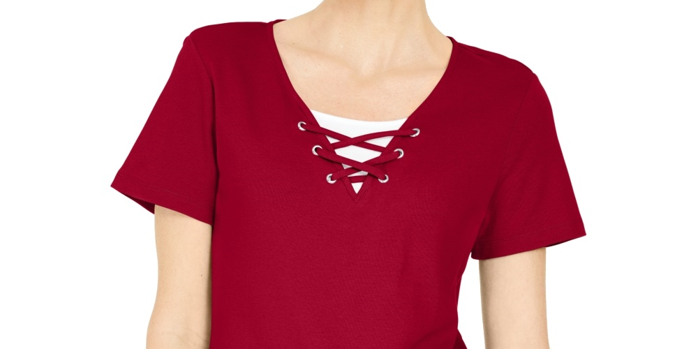 Karen Scott Women's Lace-Up Layered-Look Top  Bright Red Size Large