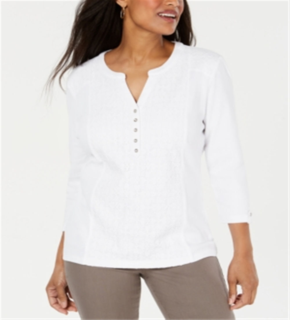 Karen Scott Women's Eyelet Front Cotton Henley Top White Size Petite Large