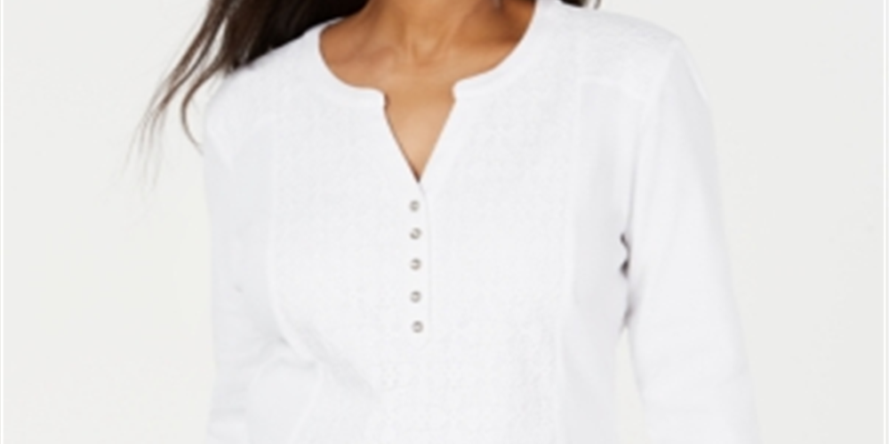 Karen Scott Women's Eyelet Front Cotton Henley Top White Size Petite Large