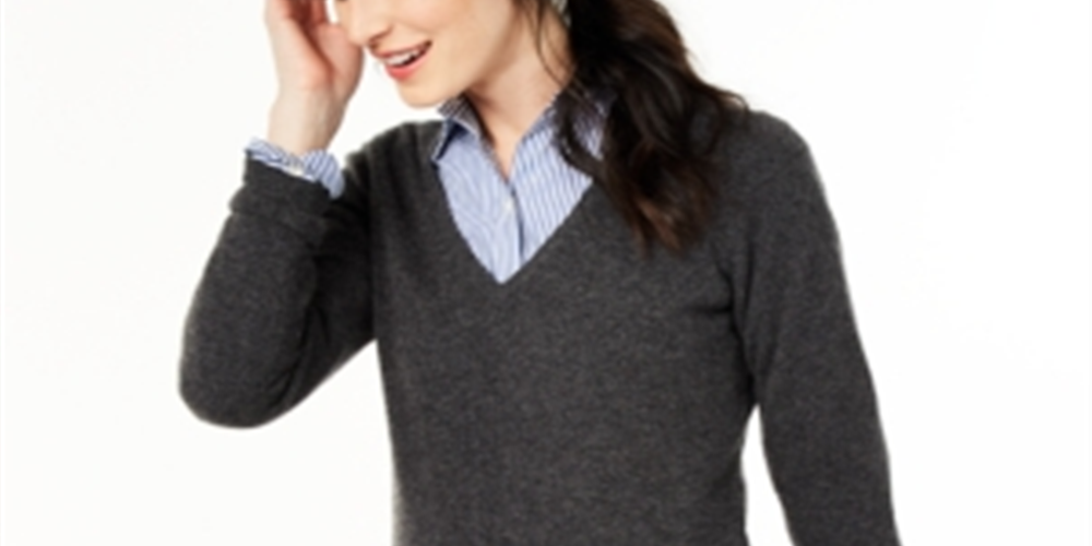 Charter Club Women's V Neck Cashmere Sweater Gray Size Petite S