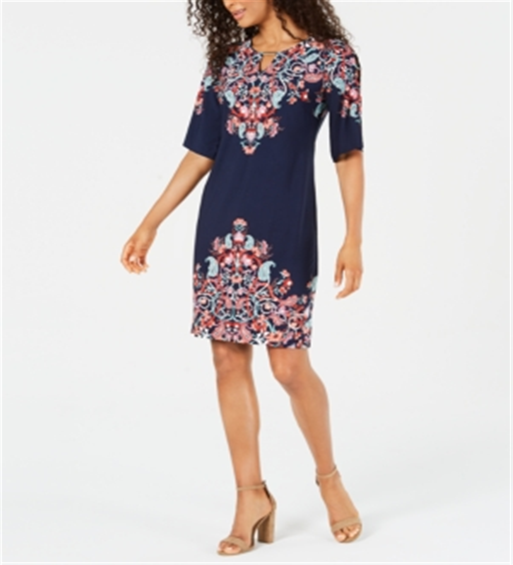 JM Collection Women's Printed Slit-Sleeve Dress Blue Multi  Size Petite S