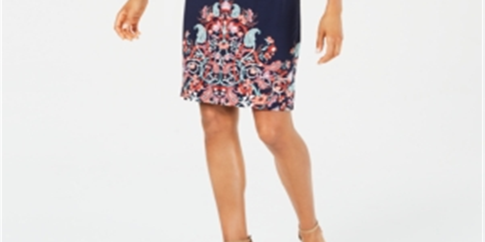 JM Collection Women's Printed Slit-Sleeve Dress Blue Multi  Size Petite S