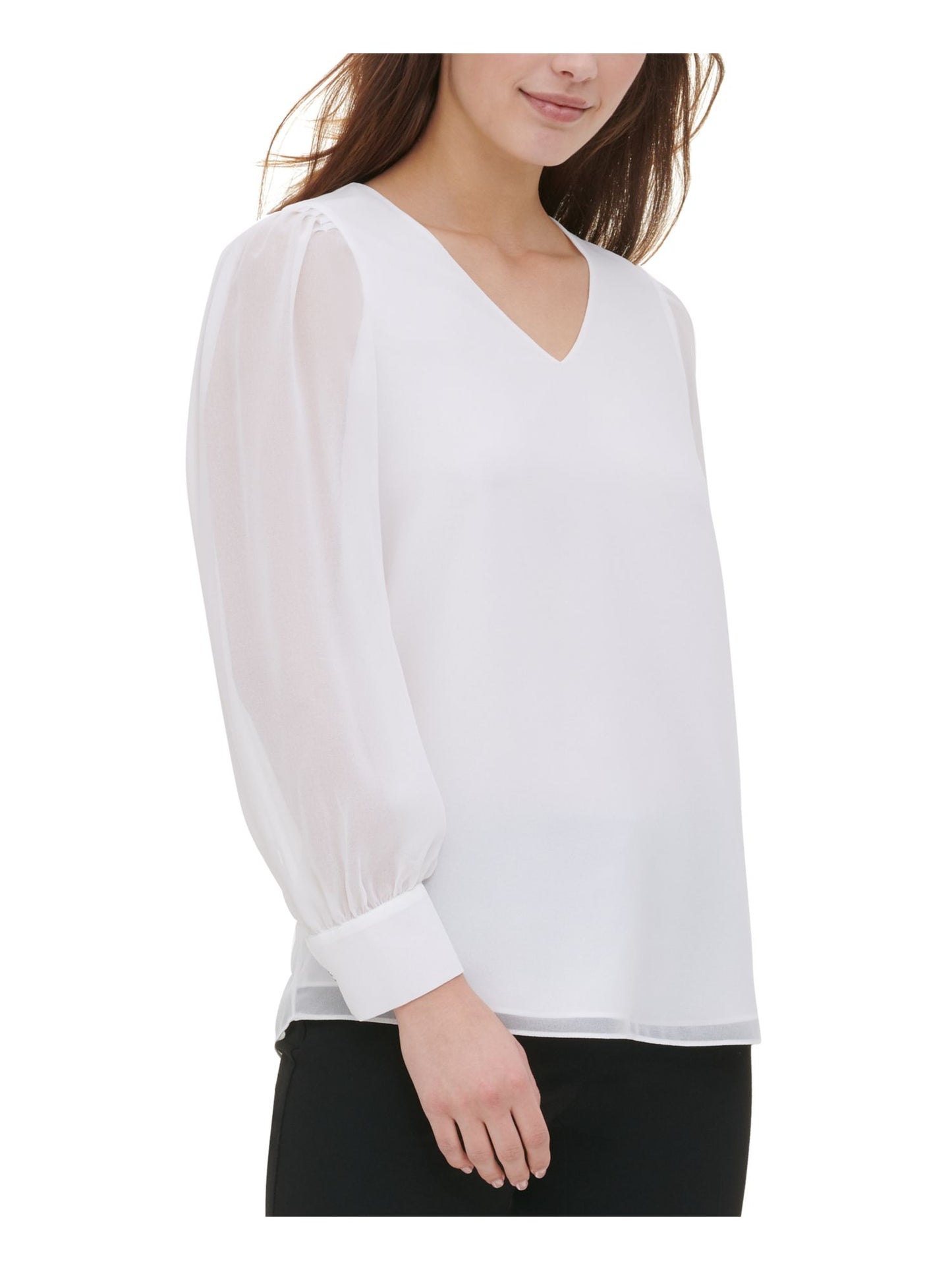 Calvin Klein Women's Solid Long Sleeve V Neck Top White Size Large