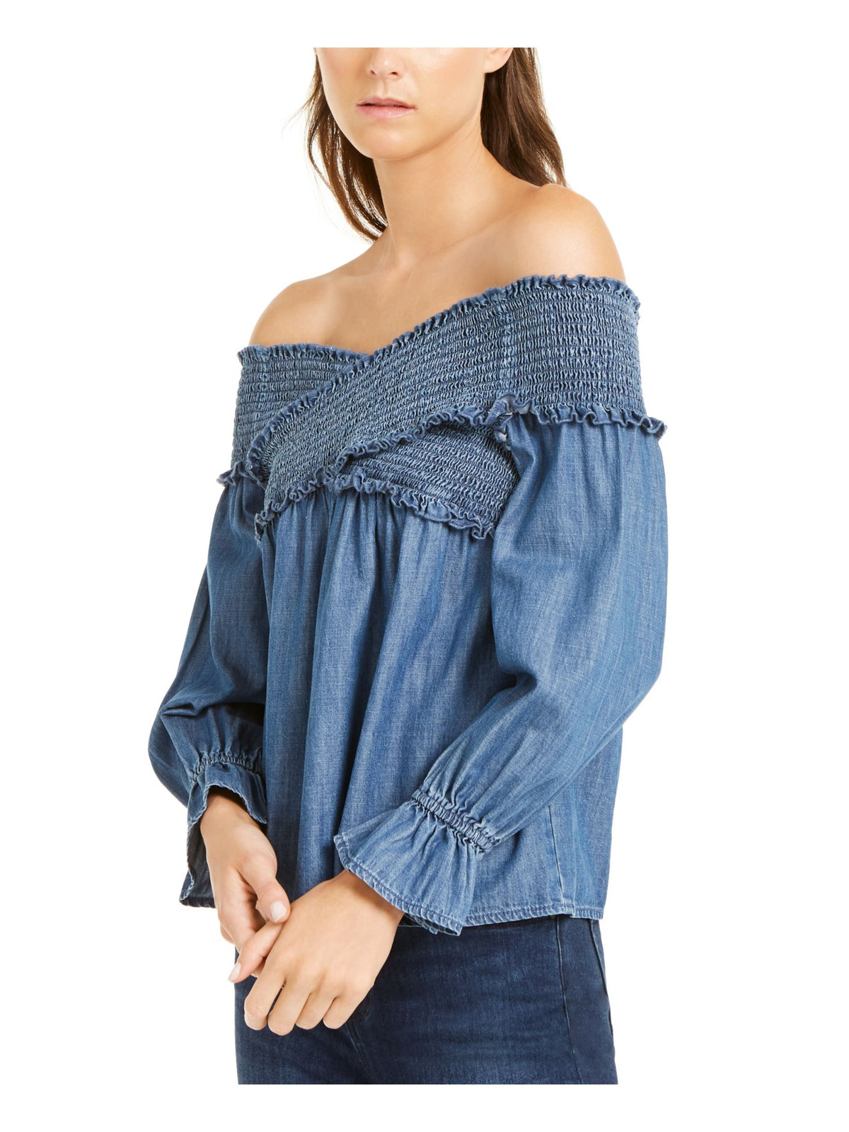 INC International Concepts Women's 79 Off Shoulder Long Sleeve Casual Top Blue Size Petite Small