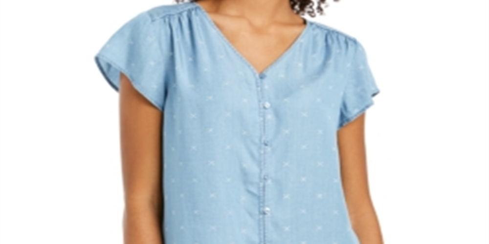 Style & Co Women's Printed Button Down Top Blue Size X-Large
