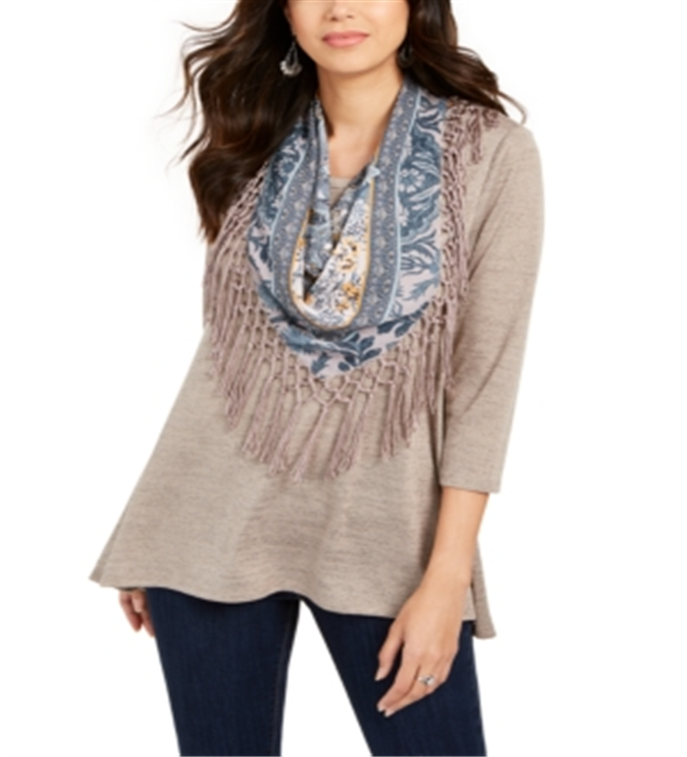 Style & Co Women's Fringed Scarf Neck Top Blue Size Petite S
