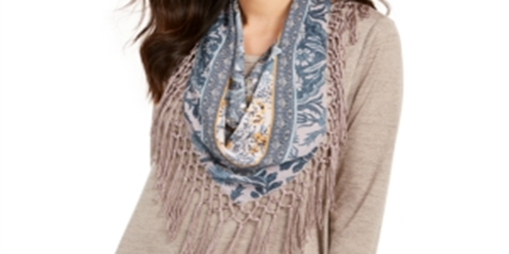 Style & Co Women's Fringed Scarf Neck Top Blue Size Petite S