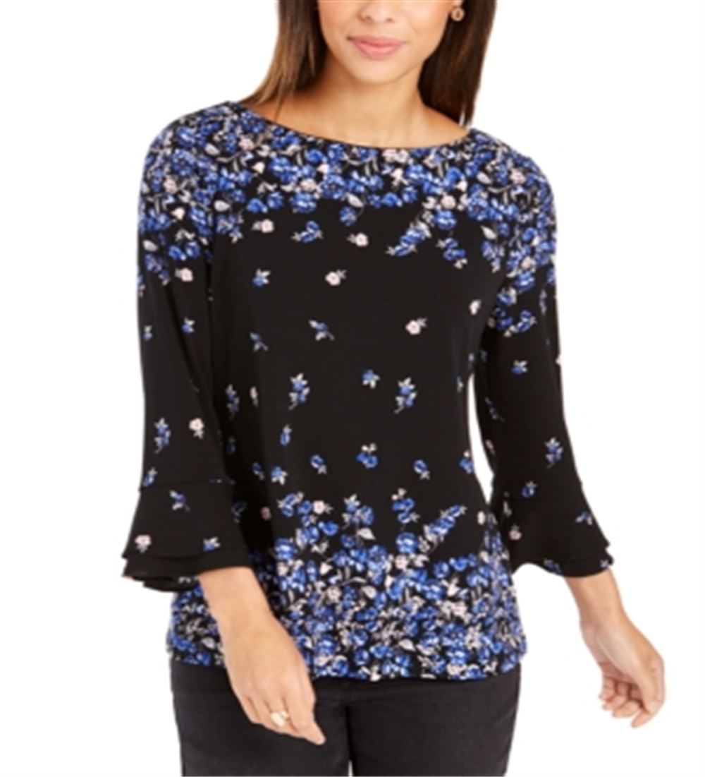 Charter Club Women's Ruffle Cuff Top Blue Combo Size Petite S/M
